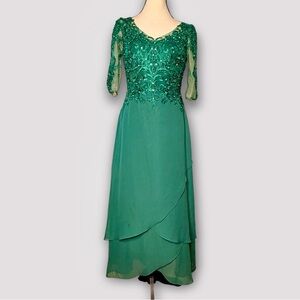 JJs House emerald green beaded chiffon gown